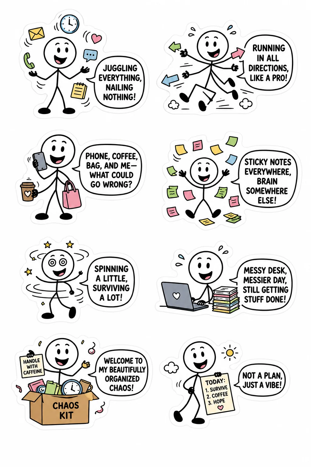 Printable mixed mood sticker sheet with eight stick-figure chaotic day stickers