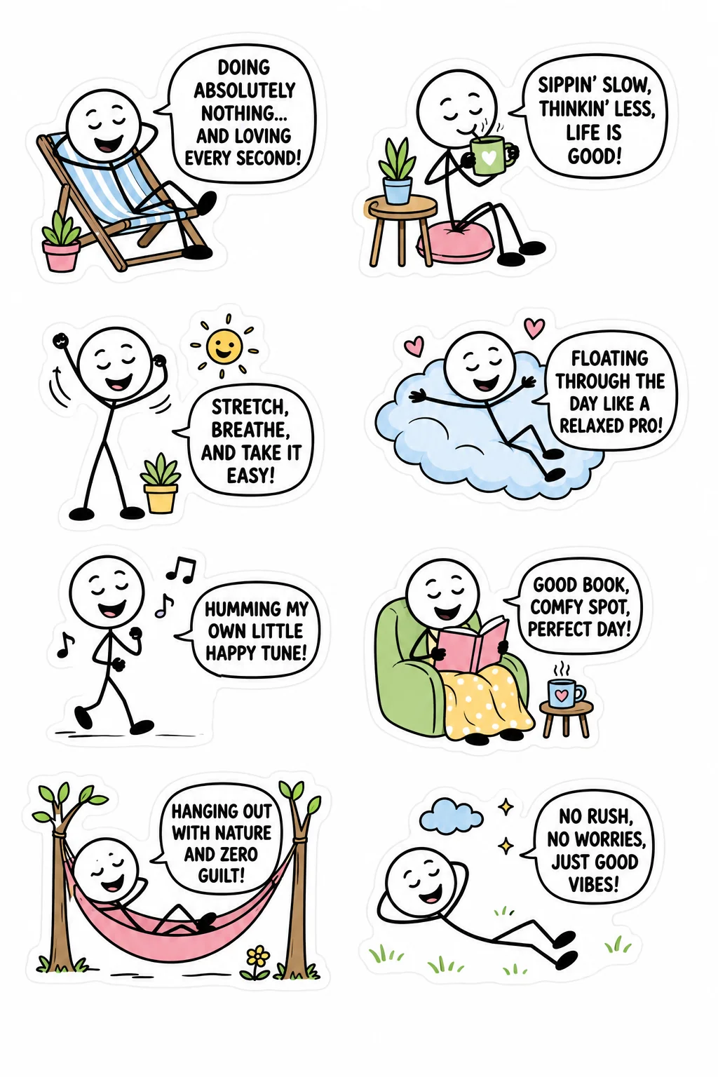 Printable mixed mood sticker sheet with eight stick-figure relaxed stickers