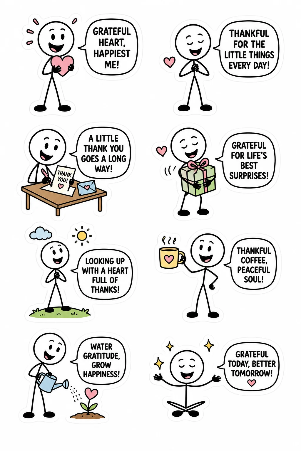 Printable mixed mood sticker sheet with eight stick-figure grateful stickers