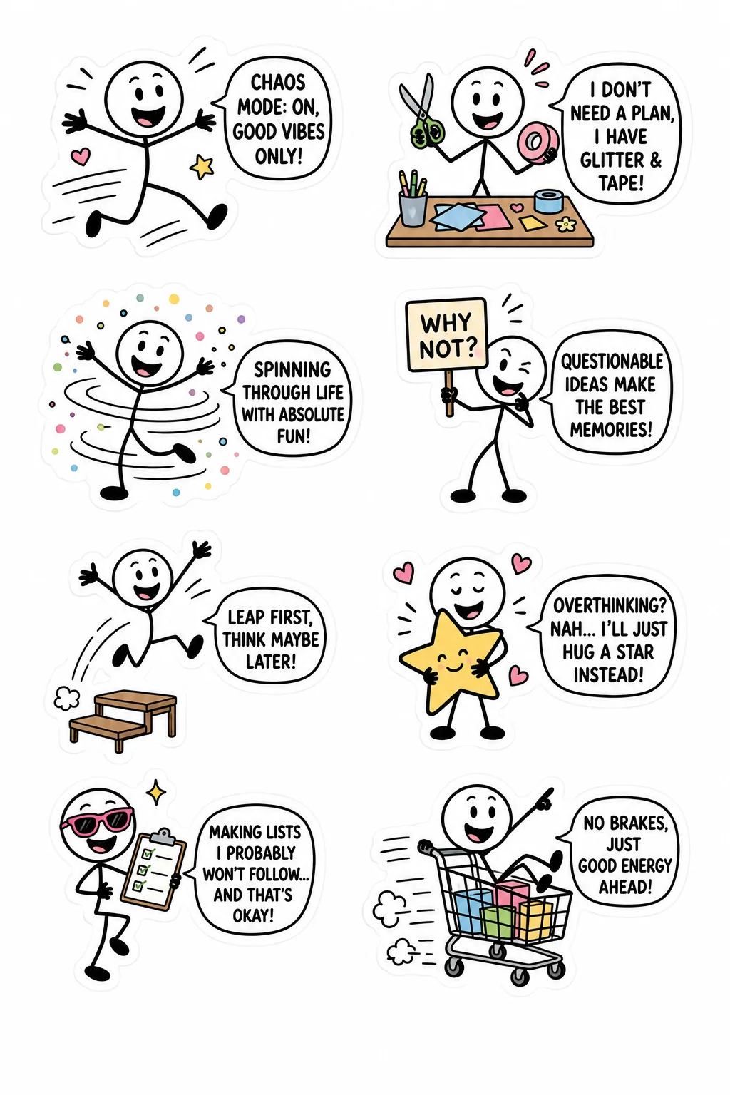 Printable mixed mood sticker sheet with eight stick-figure chaotic good stickers