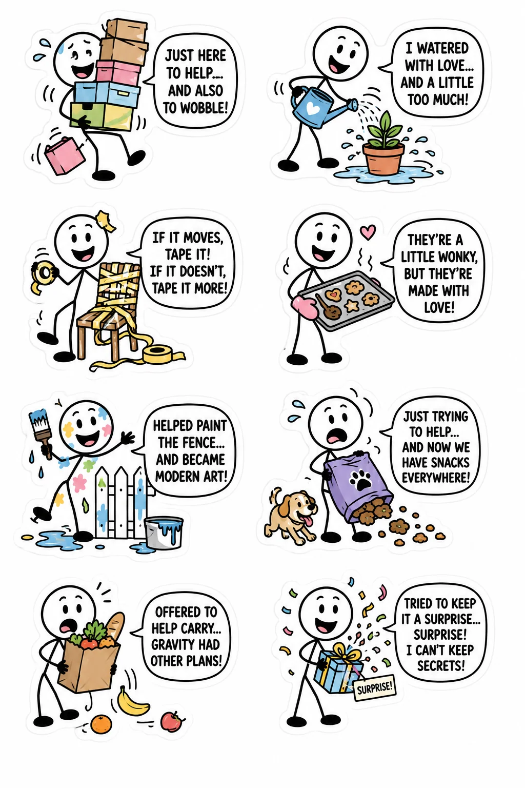 Printable mixed mood sticker sheet with eight stick-figure good deeds gone wrong stickers