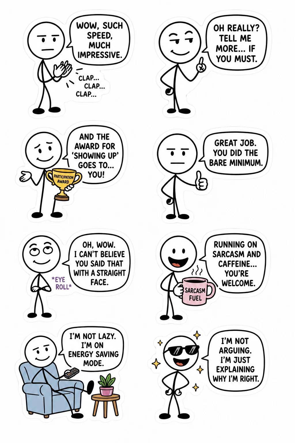 Printable mixed mood sticker sheet with eight stick-figure sarcastic stickers
