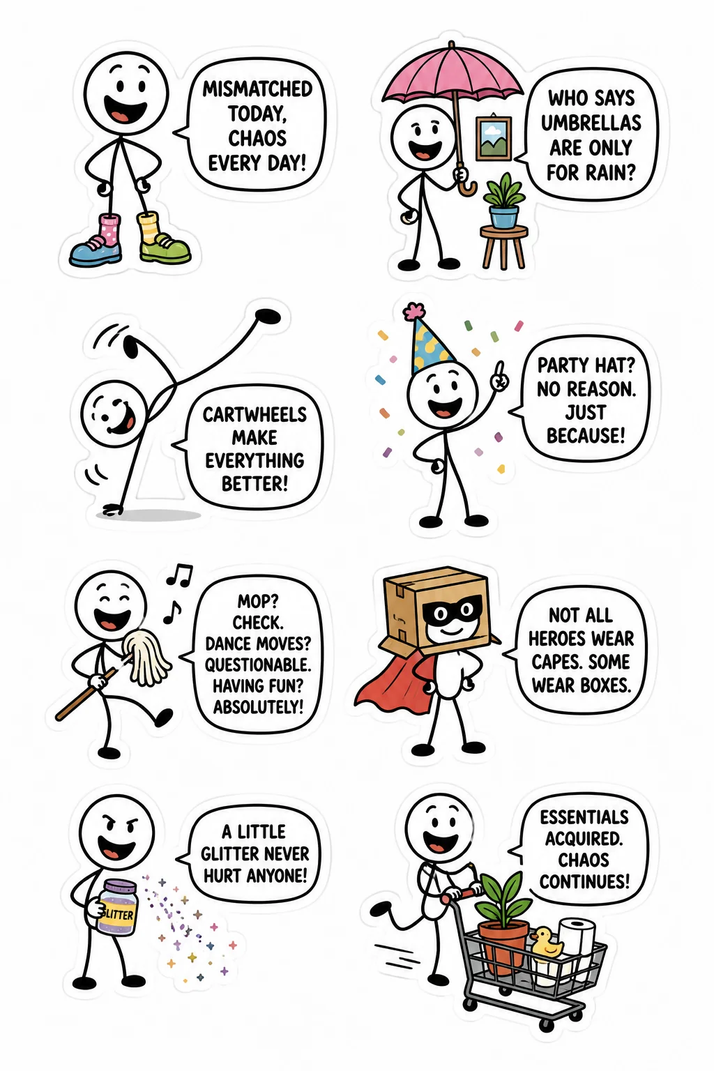 Printable mixed mood sticker sheet with eight stick-figure random chaos stickers