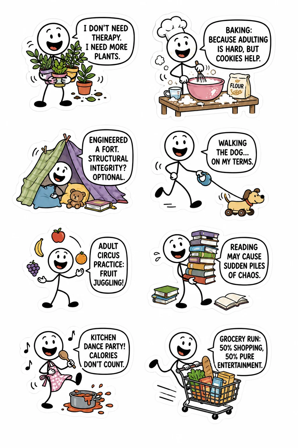 Printable mixed mood sticker sheet with eight stick-figure wholesome chaos stickers