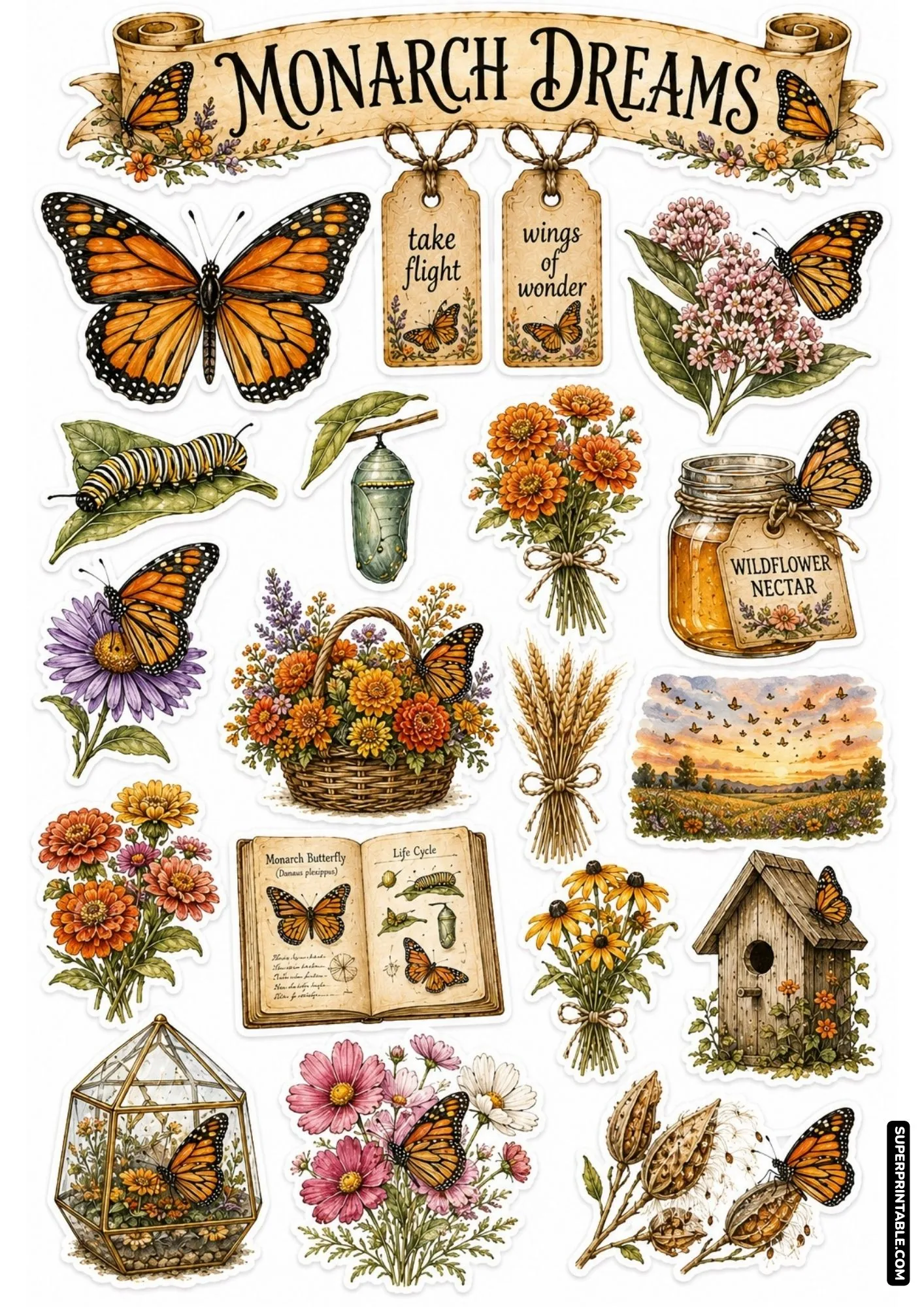 Educational monarch butterfly life cycle sticker sheet featuring caterpillars, chrysalis, milkweed, and nature journals.