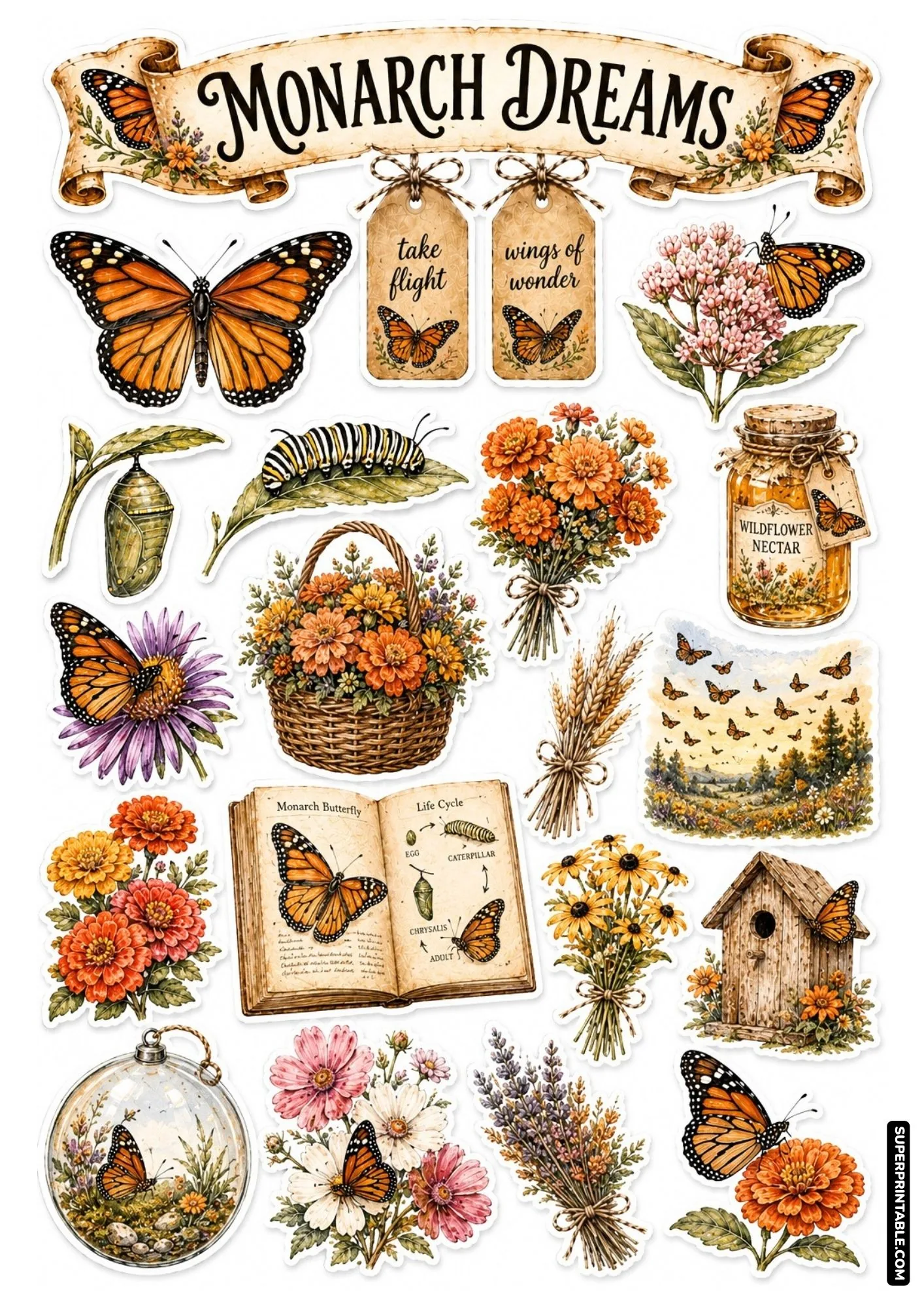 Monarch butterfly life cycle sticker sheet with chrysalis, caterpillar, and orange floral accents.