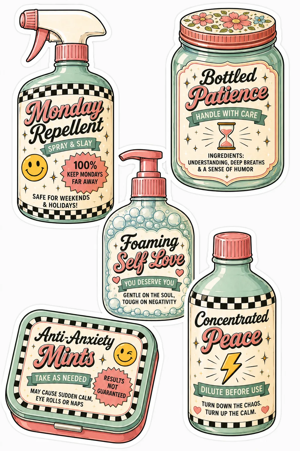 Monday repellent spray, bottled patience, foaming self love, anti-anxiety mints and peace bottle.