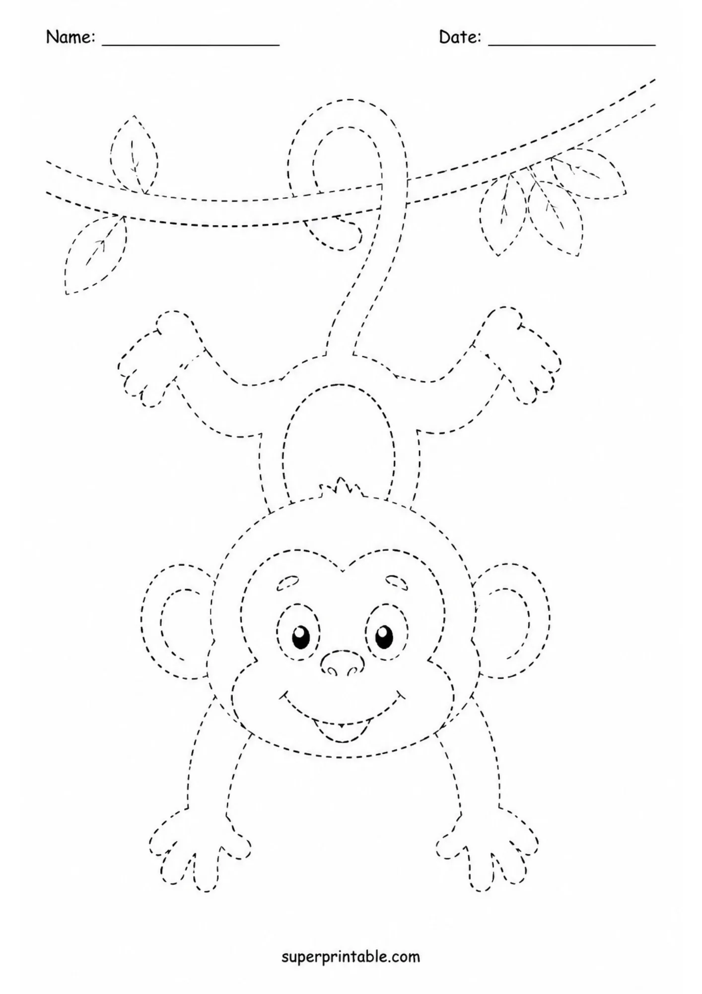 Printable monkey hanging from a branch using dotted lines to trace.