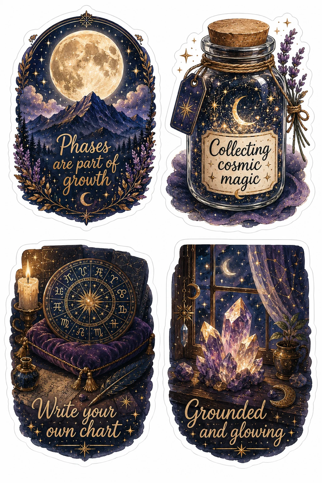 Moon Growth Cosmic Magic Write Chart Sheet featuring celestial aesthetic, cosmic magic, moon phases, tarot cards, and astrology.