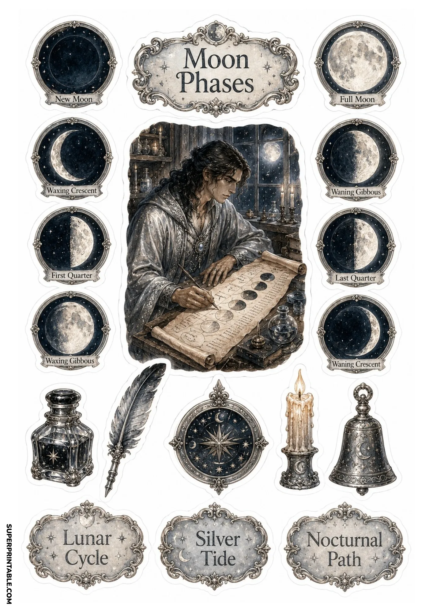 Lunar phase chart study with scholar scroll, eight moon phase badges, feather quill, candle, and silver bell.