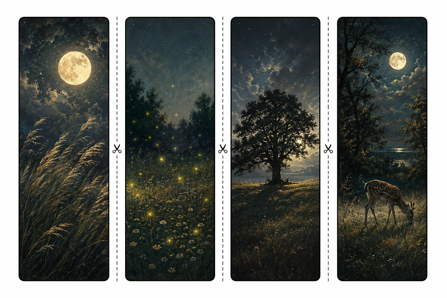 Four printable night meadow bookmarks with tall moonlit grass, fireflies, a lone oak, and a deer grazing