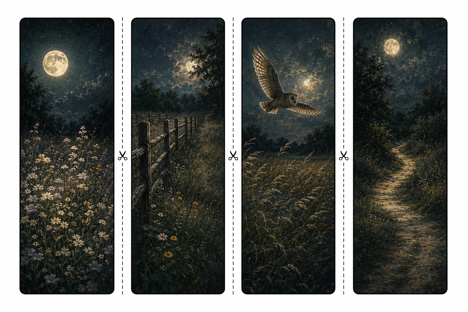 Four printable night meadow bookmarks with moonlit wildflowers, an old wooden fence, an owl in flight, and a winding path