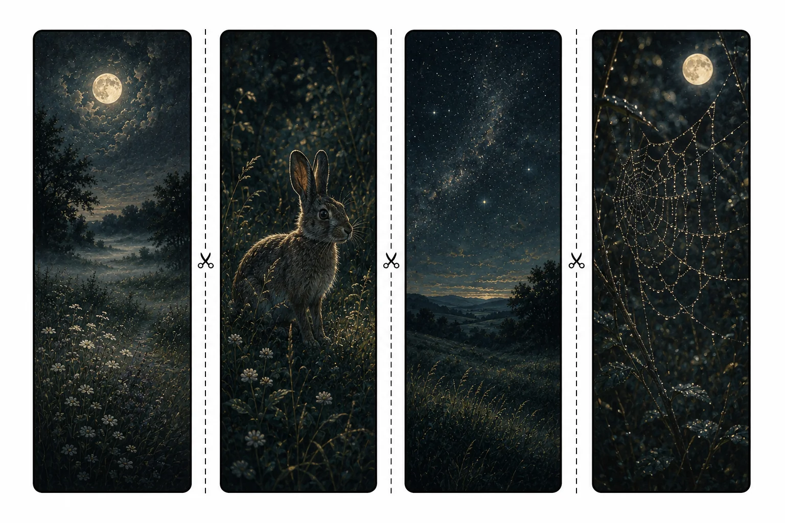 Four printable night meadow bookmarks with low mist, a rabbit in grass, a starry sky over hills, and a dewy spiderweb