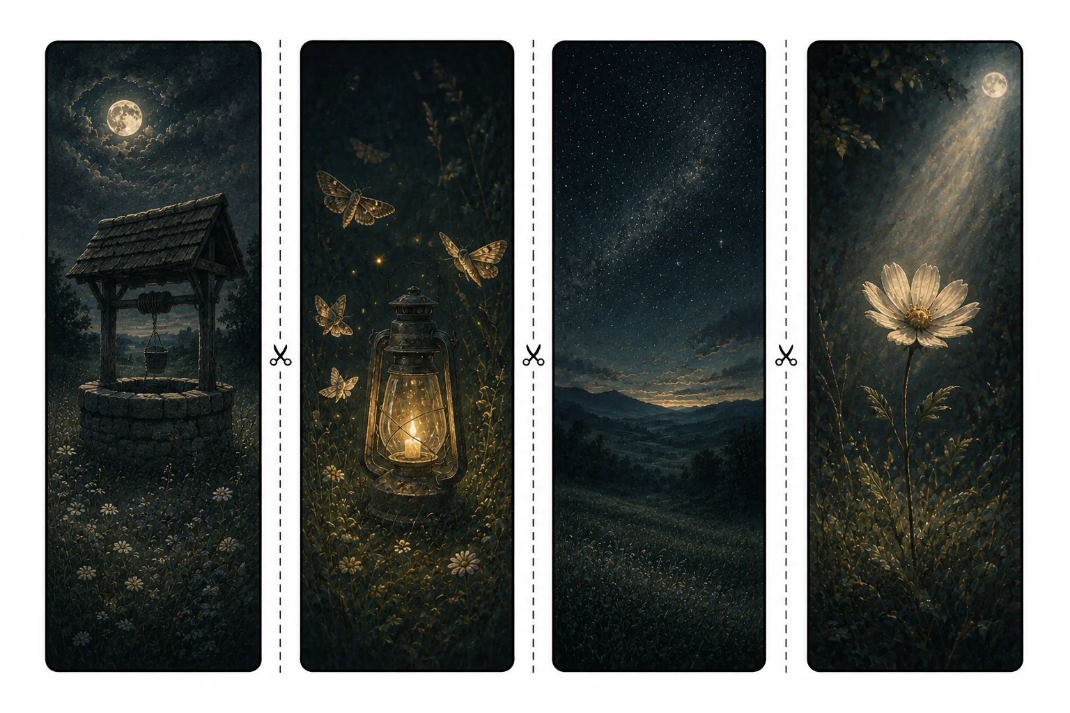 Four printable night meadow bookmarks with a stone well, moths around a lantern, distant hills under stars, and a flower in a moonbeam