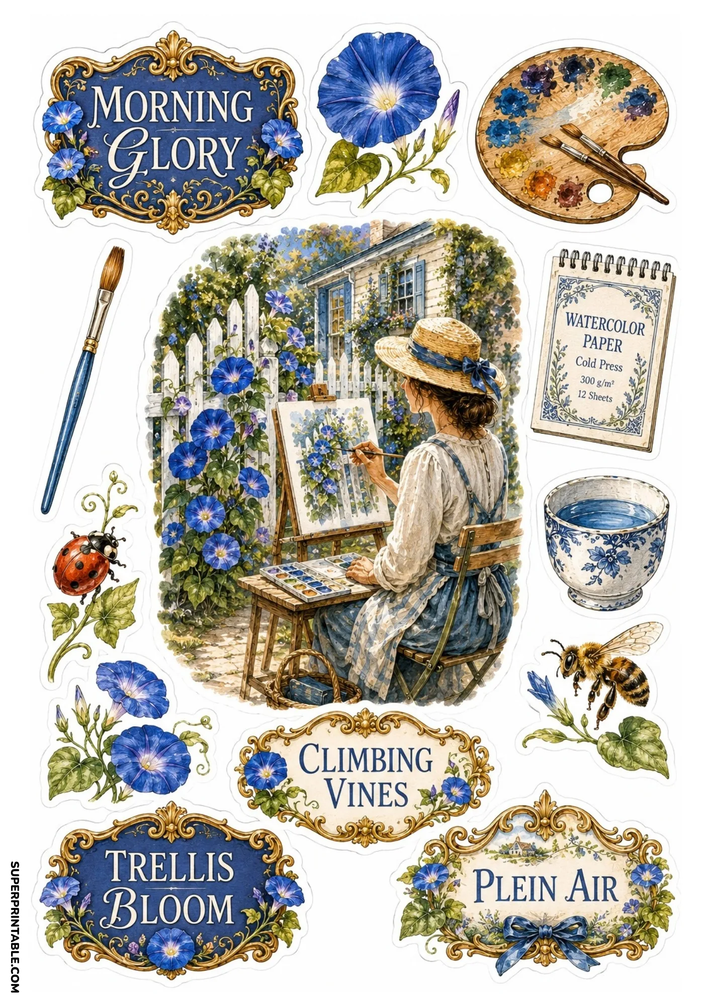 Outdoor painter artist stickers with blue morning glory flowers, watercolor paper pad, and paint palette.