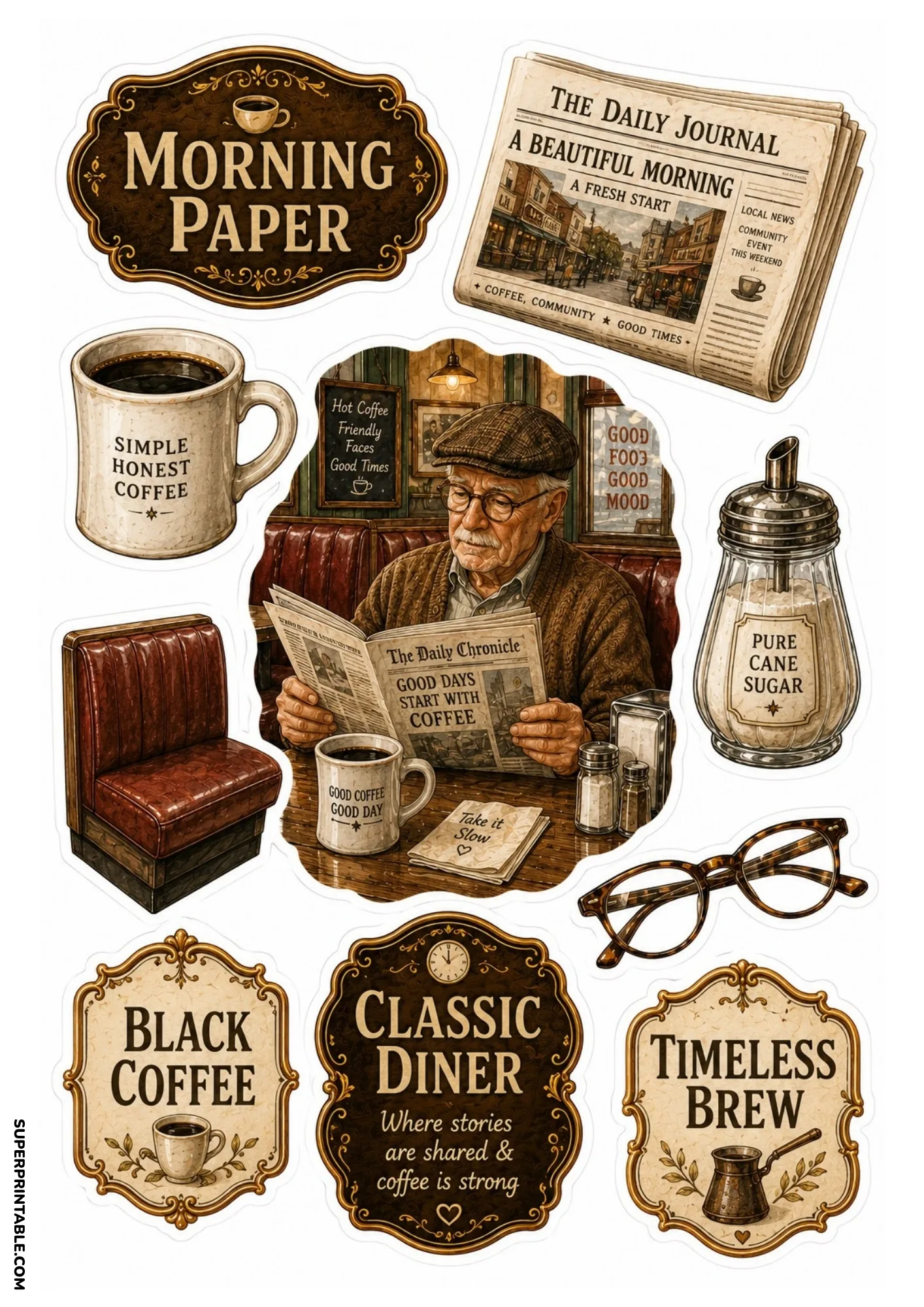 Classic diner coffee stickers with man reading morning newspaper, diner booth, and black mug.