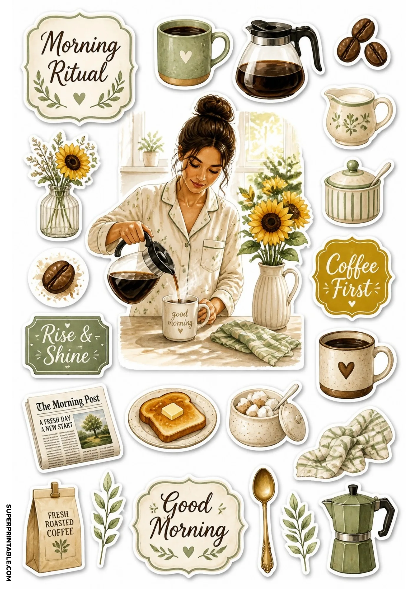 Morning coffee stickers depicting a woman pouring fresh coffee beside toast and sunflower vases.