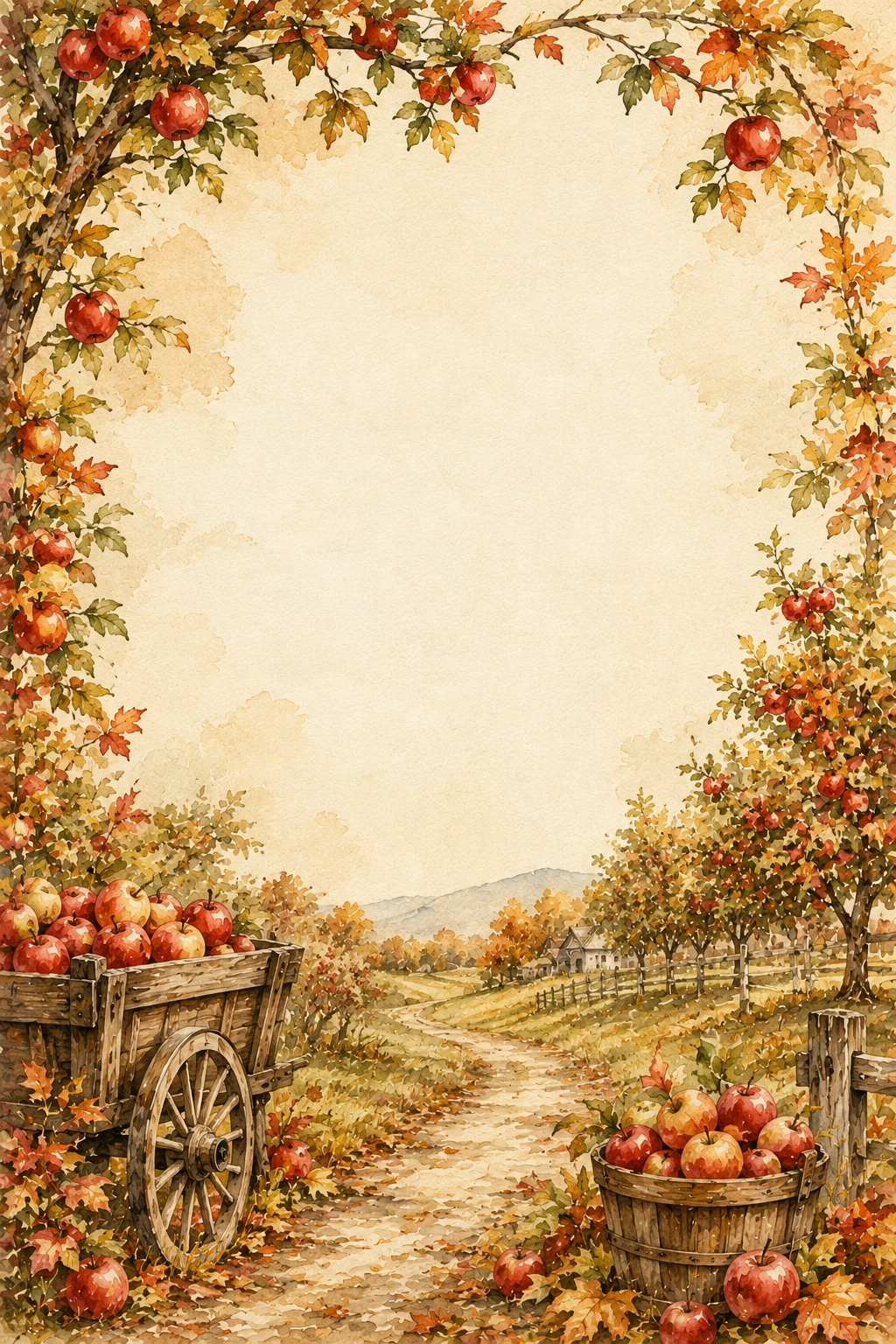 Autumn Apple Orchard Road With Rustic Harvest Cart Page Border Sheet Autumn Apple Orchard Road With Rustic Harvest Cart Page Border Sheet