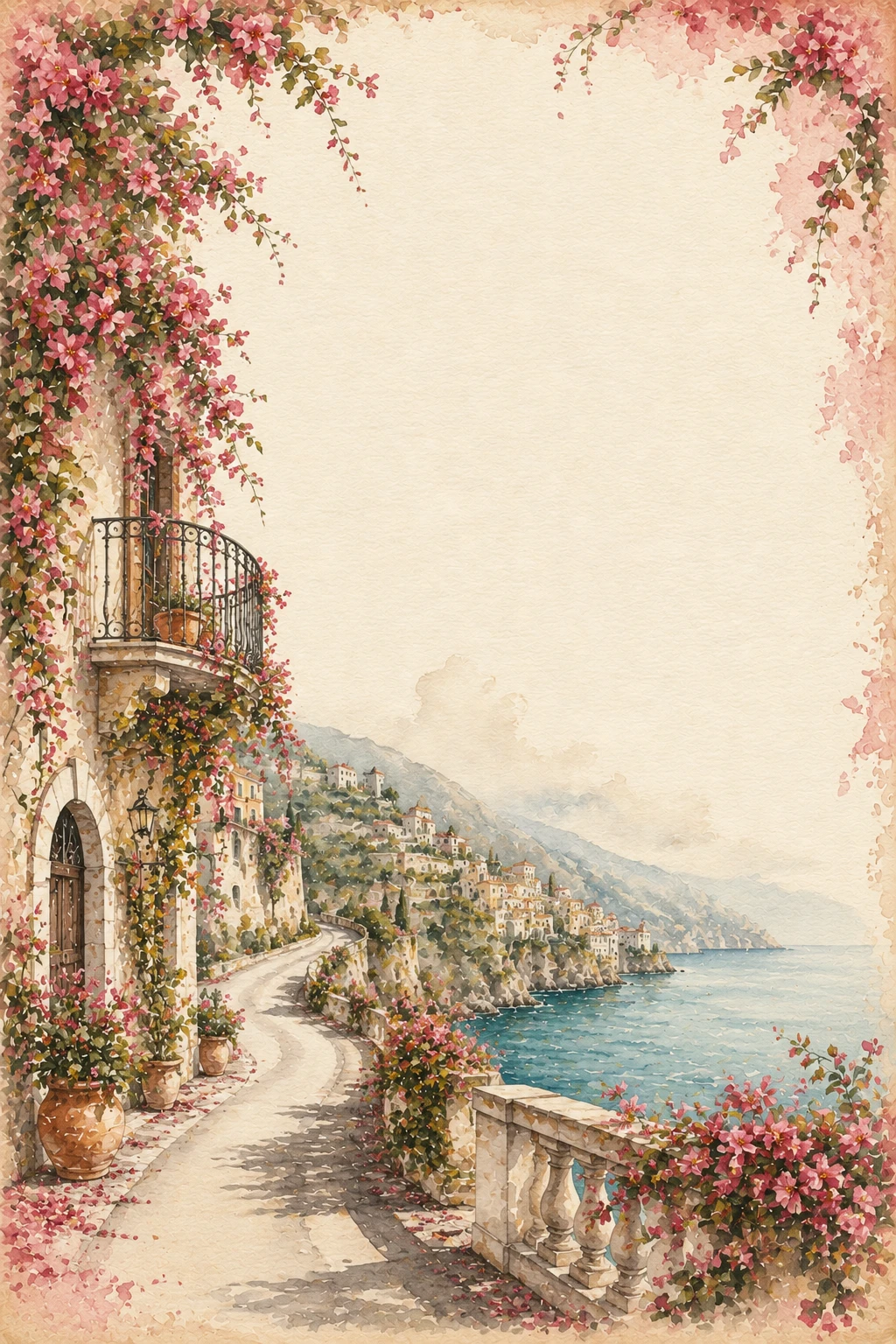 Flower Framed Amalfi Coast Cliffside Road And Seaside Village Page Border Sheet Flower Framed Amalfi Coast Cliffside Road And Seaside Village Page Border Sheet