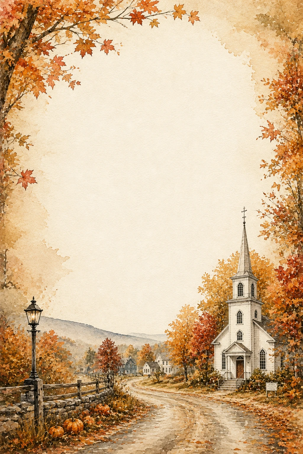 Autumn European Village Road With White Country Church Page Border Sheet Autumn European Village Road With White Country Church Page Border Sheet