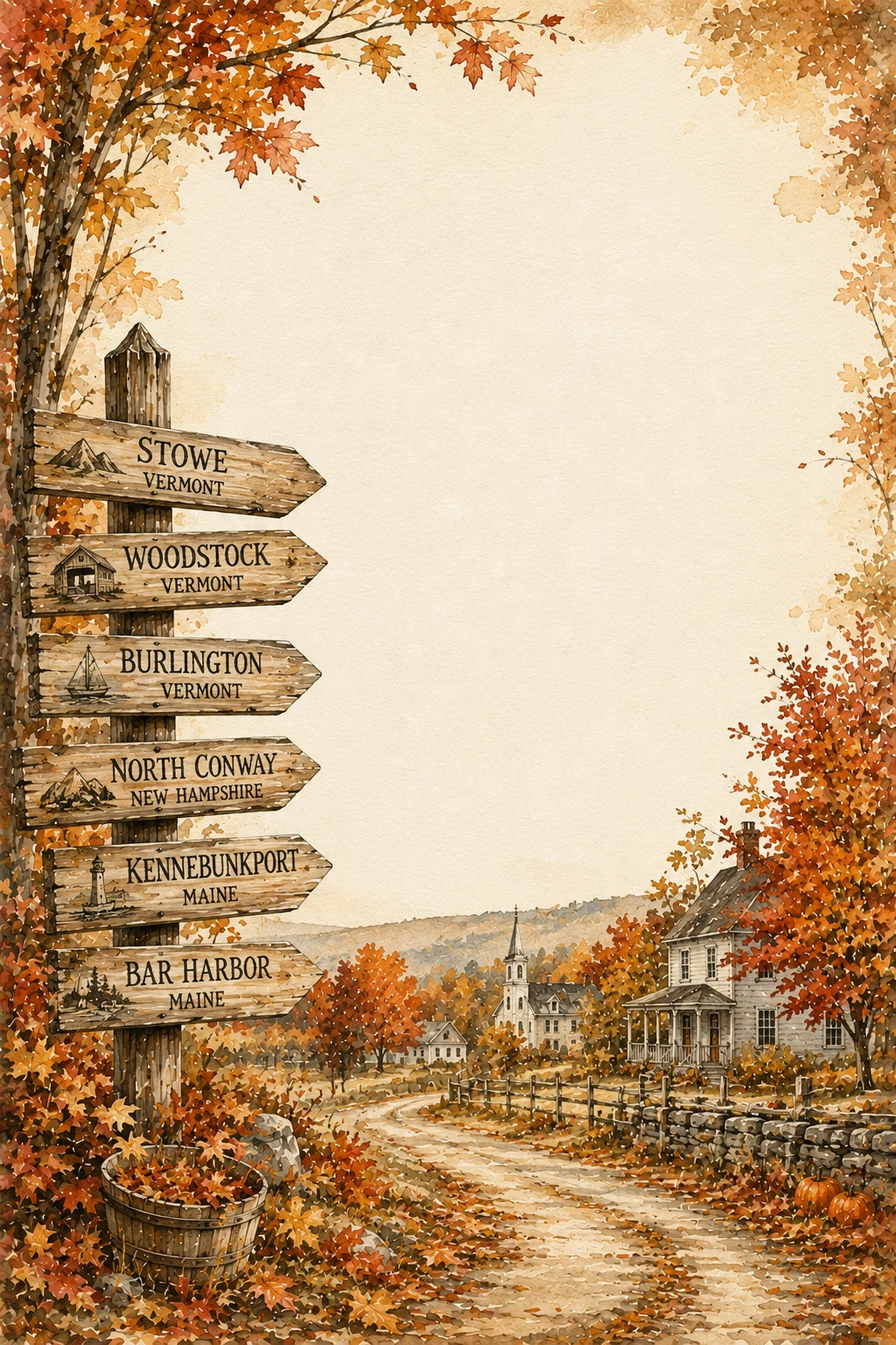 Rustic European Countryside Signpost Along An Autumn Village Road Page Border Sheet Rustic European Countryside Signpost Along An Autumn Village Road Page Border Sheet
