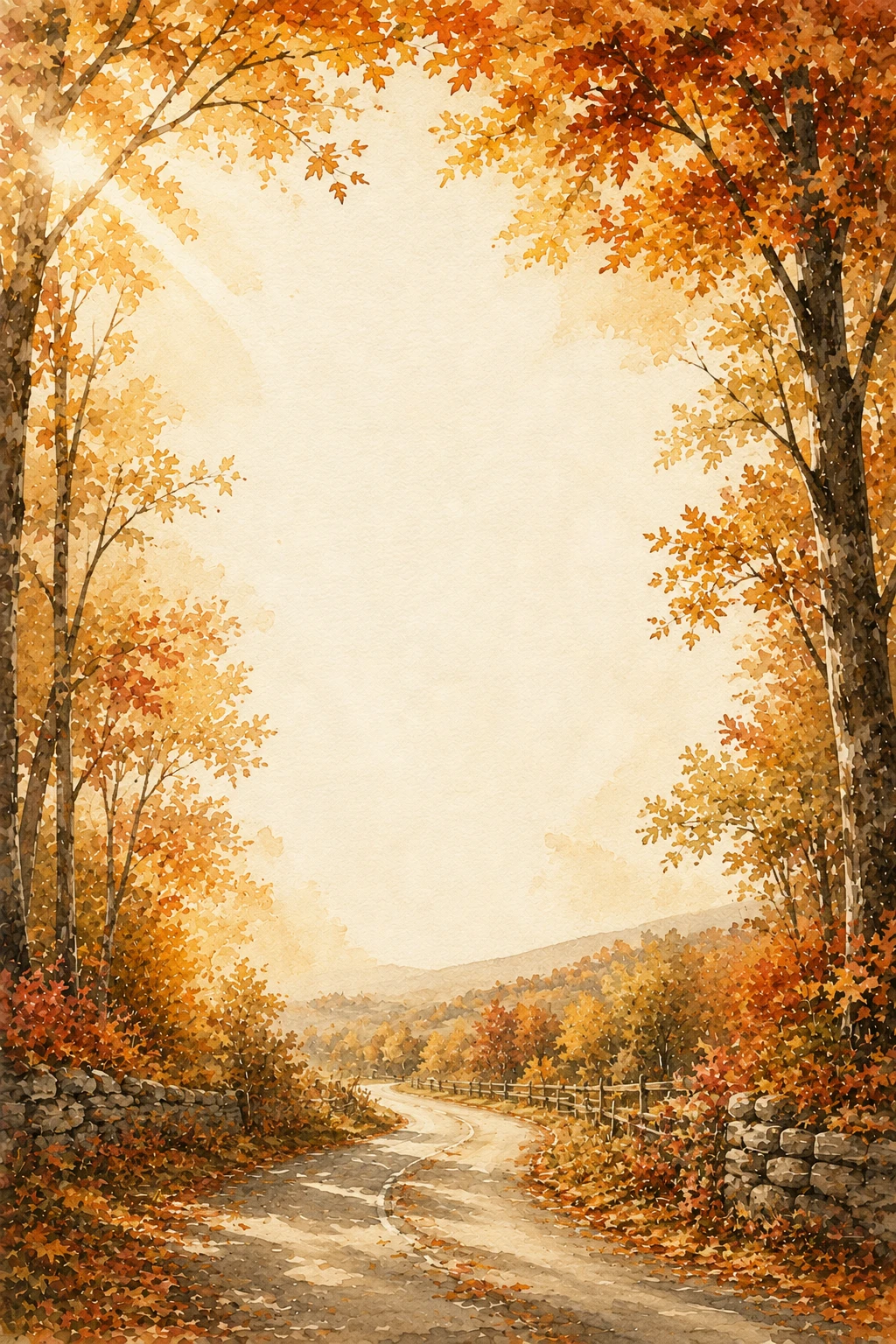 Winding Autumn Countryside Road Through Golden Forest Hills Page Border Sheet Winding Autumn Countryside Road Through Golden Forest Hills Page Border Sheet