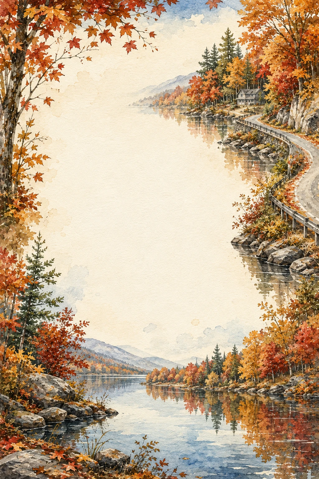Autumn European Countryside River Road With Forested Hills Page Border Sheet Autumn European Countryside River Road With Forested Hills Page Border Sheet