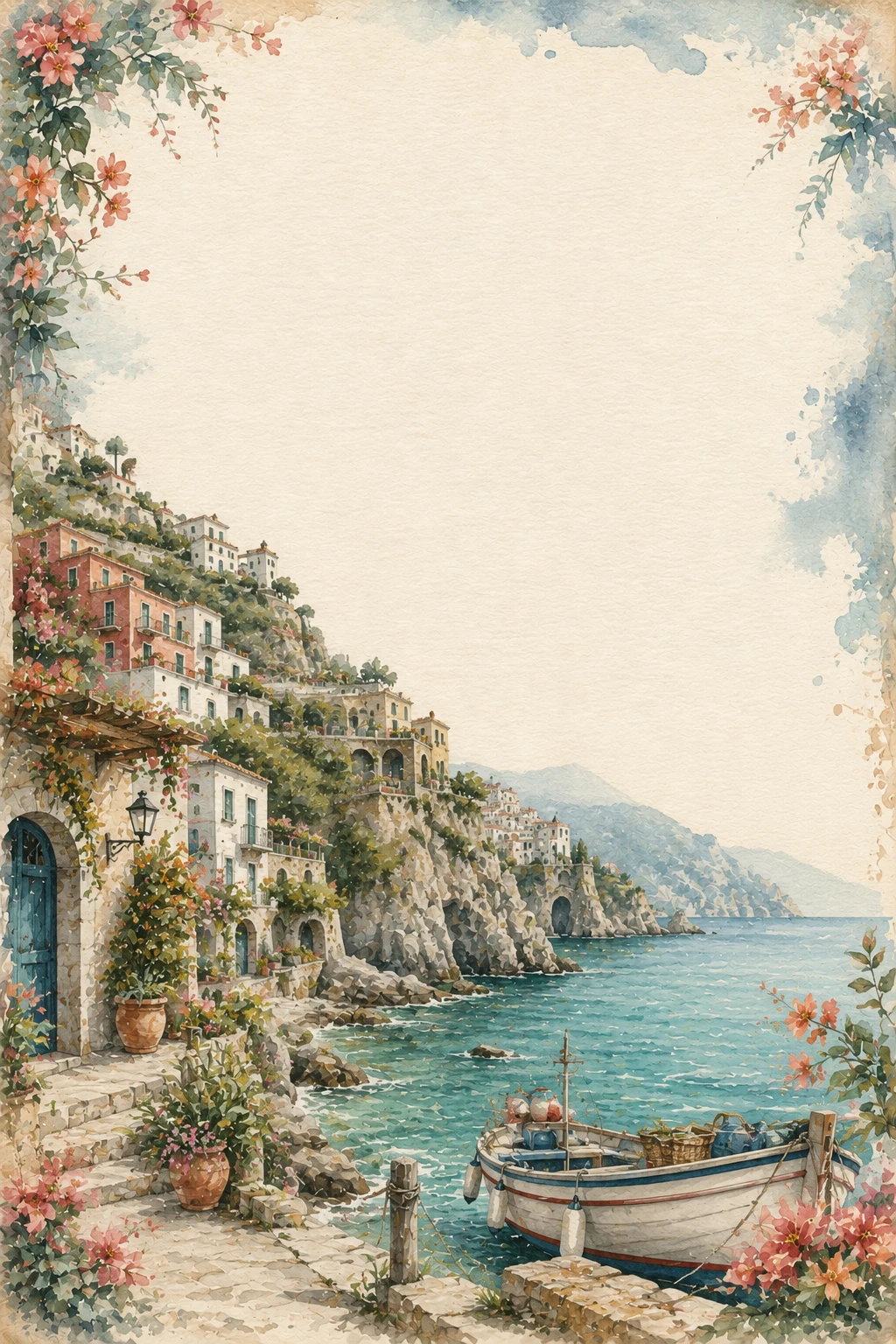 Amalfi Coast Seaside Village With Colorful Cliffside Homes And Boats Page Border Sheet Amalfi Coast Seaside Village With Colorful Cliffside Homes And Boats Page Border Sheet