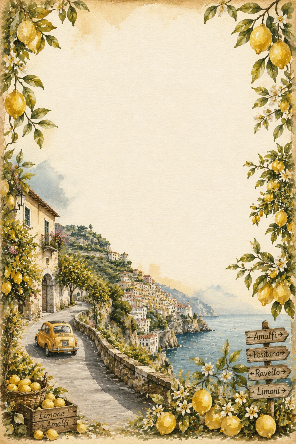 Lemon Framed Amalfi Coast Coastal Road With Cliffside Villages Page Border Sheet Lemon Framed Amalfi Coast Coastal Road With Cliffside Villages Page Border Sheet