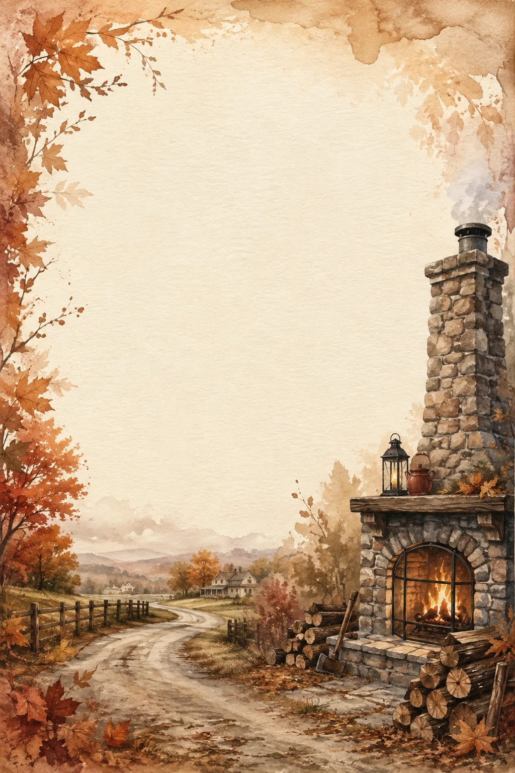 Cozy Autumn Countryside Road With Rustic Stone Fireplace Page Border Sheet Cozy Autumn Countryside Road With Rustic Stone Fireplace Page Border Sheet