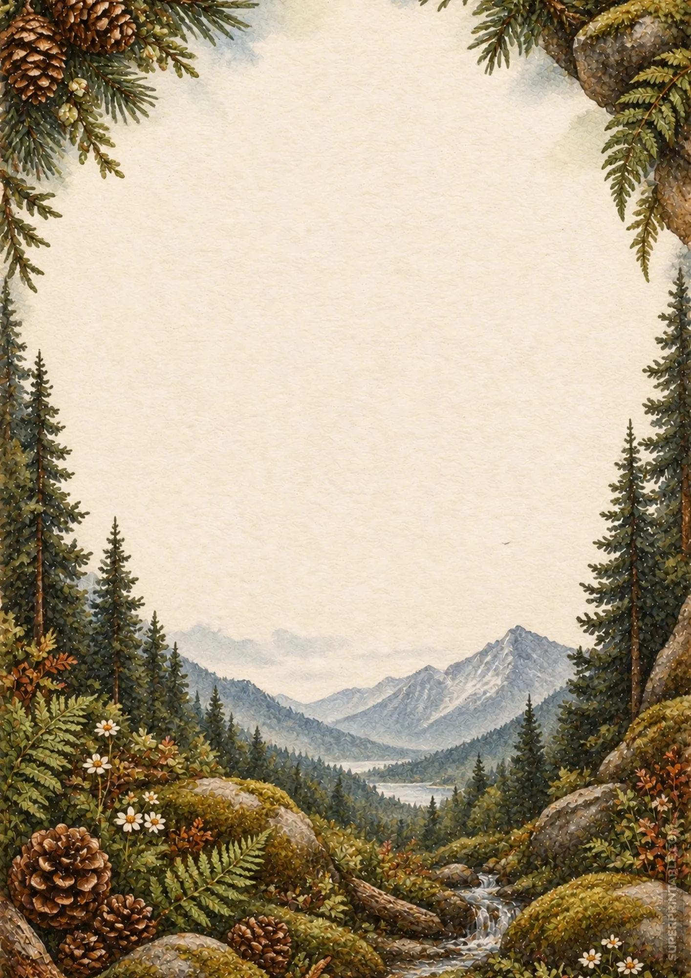 Mossy stream paper border with detailed pinecone clusters, ferns, and smooth river rocks.