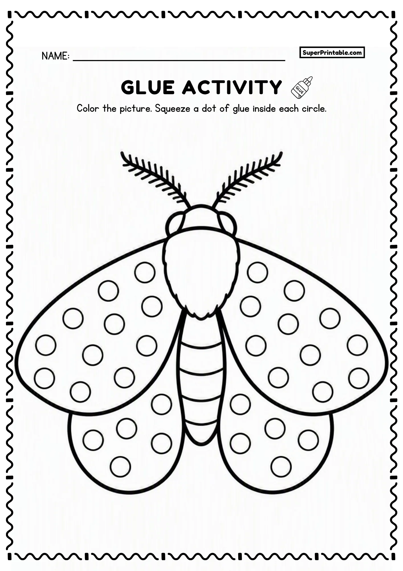 Dot glue insects worksheet featuring large moth with feathery antennae and four wings and dot circles