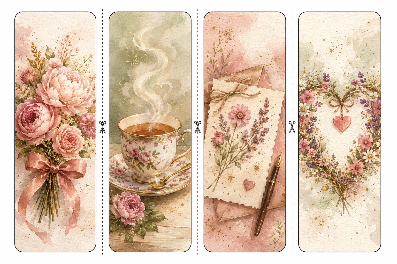 Printable Mother's Day bookmarks sheet 1, peony bouquet and teacup