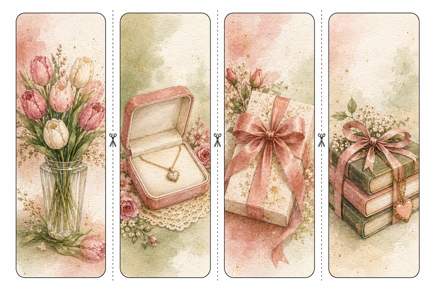 Printable Mother's Day bookmarks sheet 2, tulips and ribboned gift