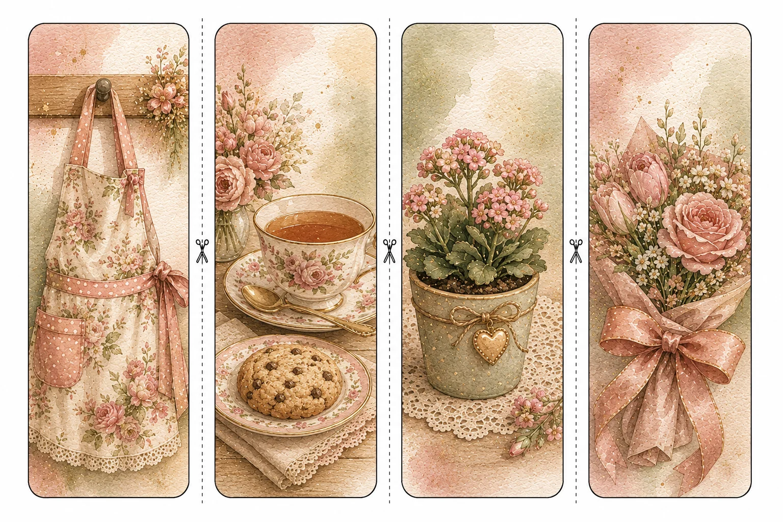 Printable Mother's Day bookmarks sheet 5, floral apron and potted blooms