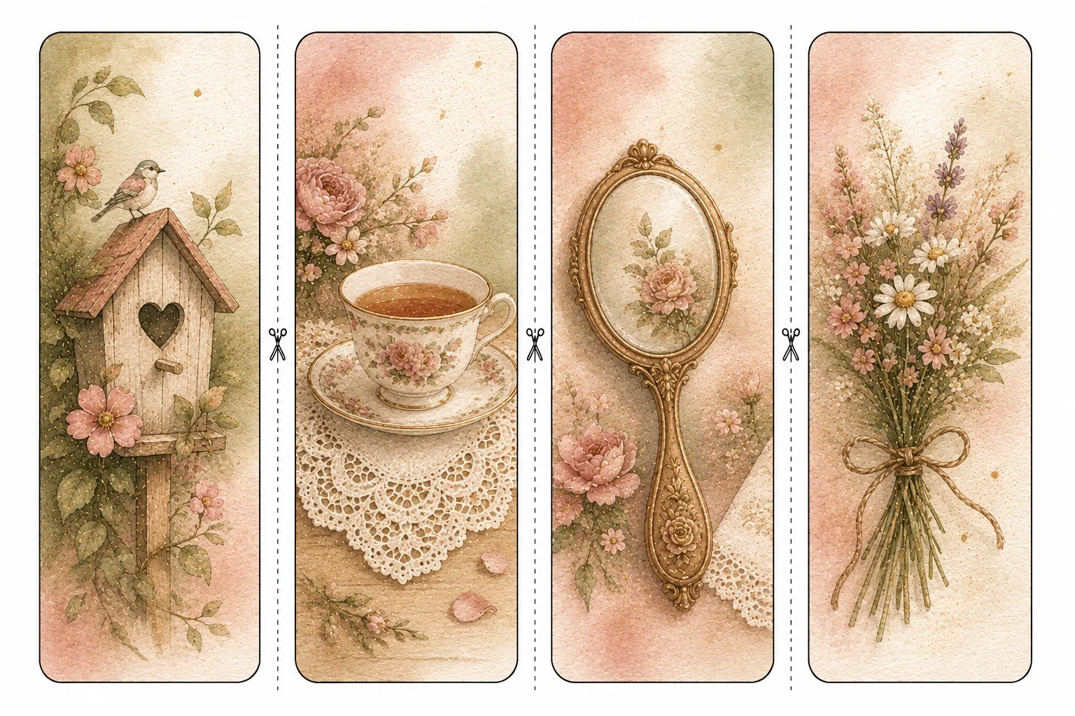 Printable Mother's Day bookmarks sheet 6, birdhouse and vintage mirror