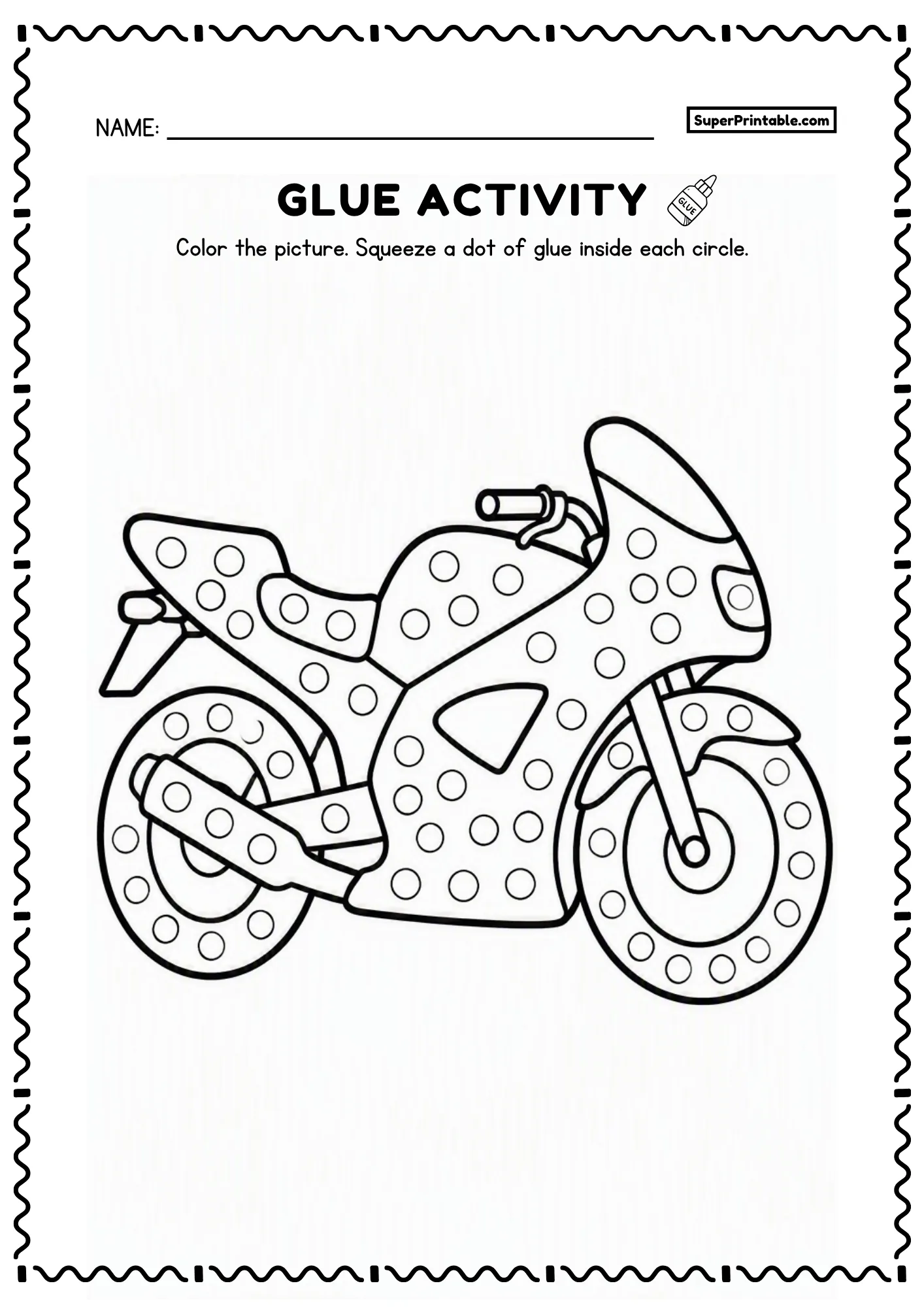 Motorcycle glue dot worksheet with circles across the bike body, seat, and wheels