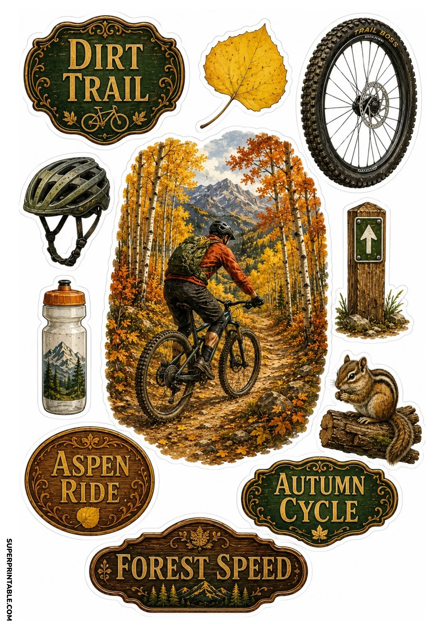 Mountain biking sticker sheet featuring a cyclist on an autumn aspen forest trail, bike gear, chipmunk, and wooden trail signs.