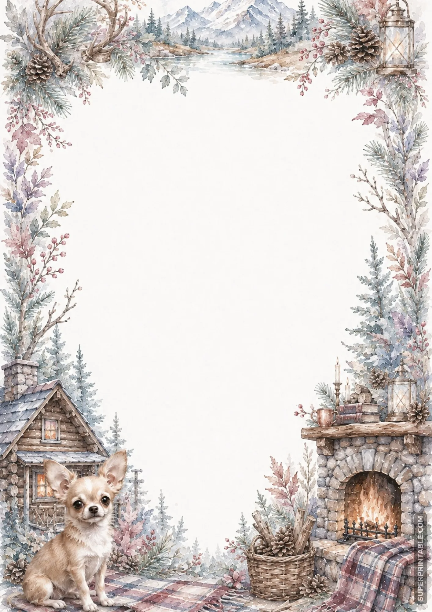 Rustic mountain cabin border with stone fireplace pine trees and a small chihuahua