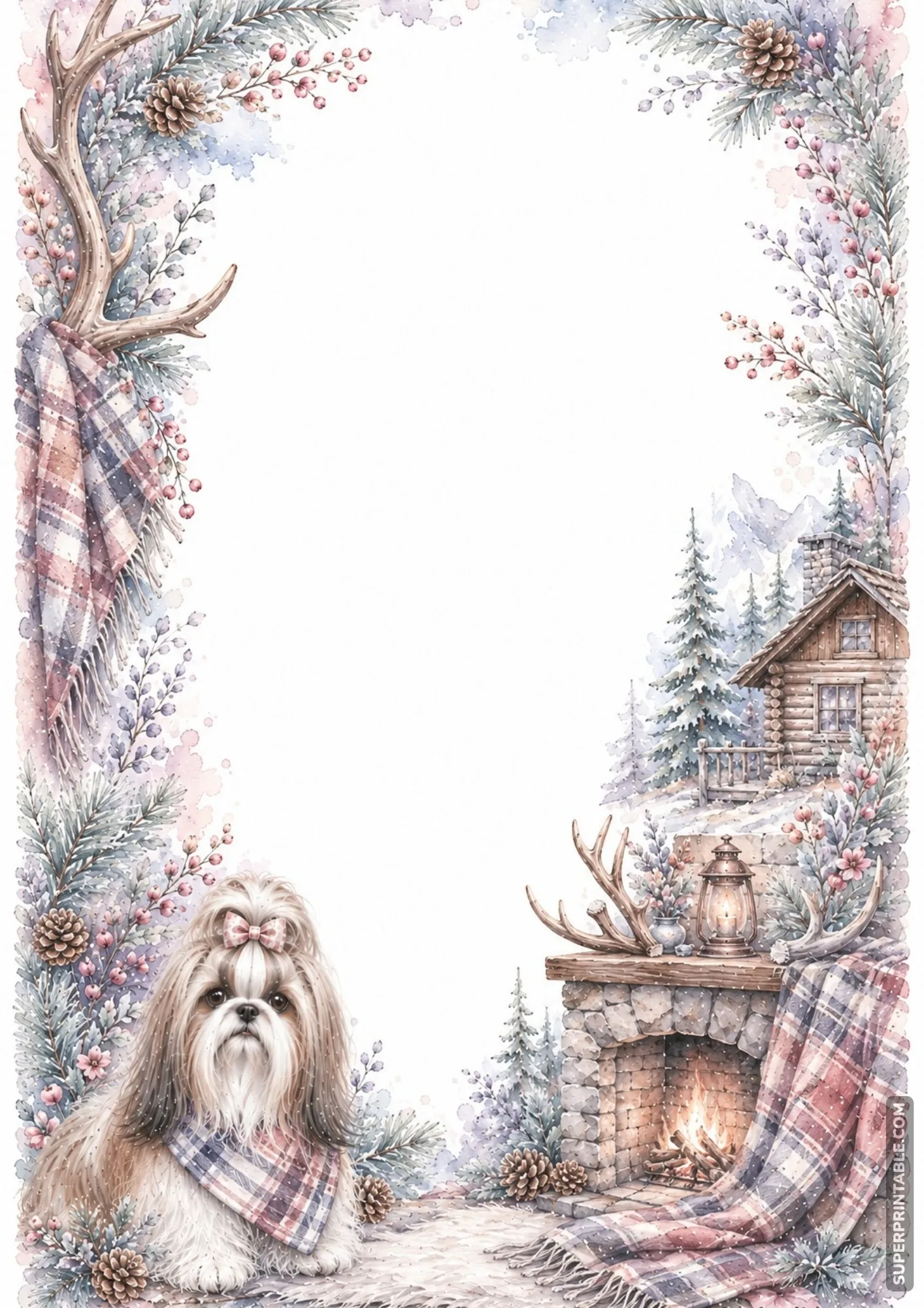 Winter mountain cabin frame with glowing stone fireplace pine trees and dog