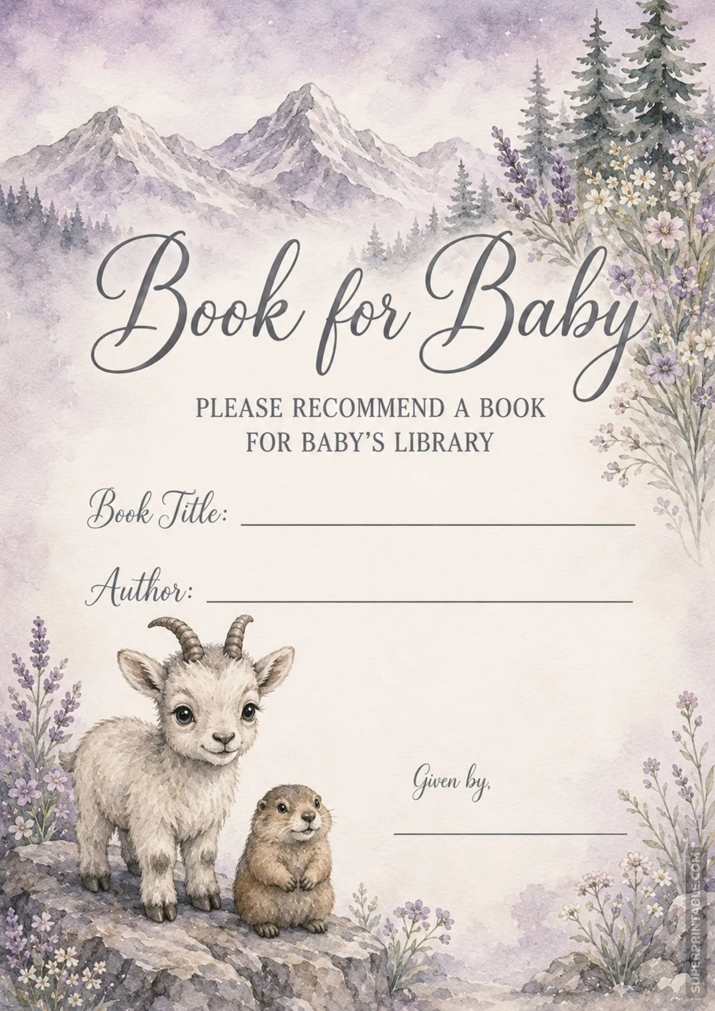 Mountain wildlife baby shower book request card with baby goat, marmot, and alpine mountain view.