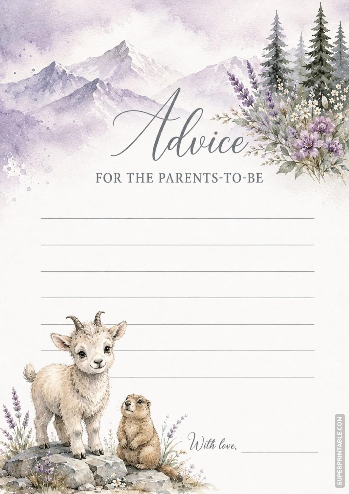 Mountain themed baby shower advice card with baby goat and marmot against lavender wildflowers.