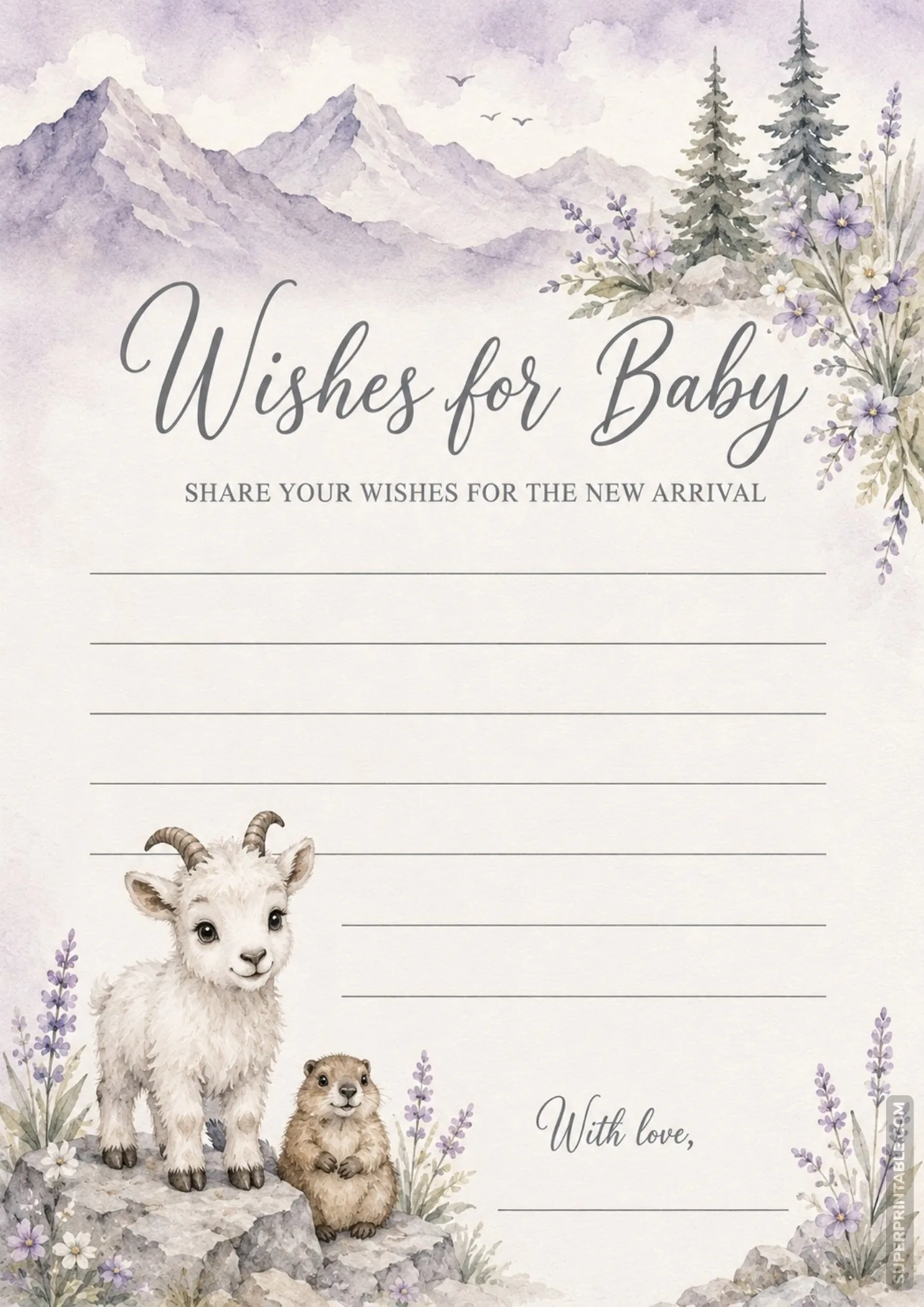 Alpine mountain card template featuring a baby goat and marmot standing on rocks amongst lavender.