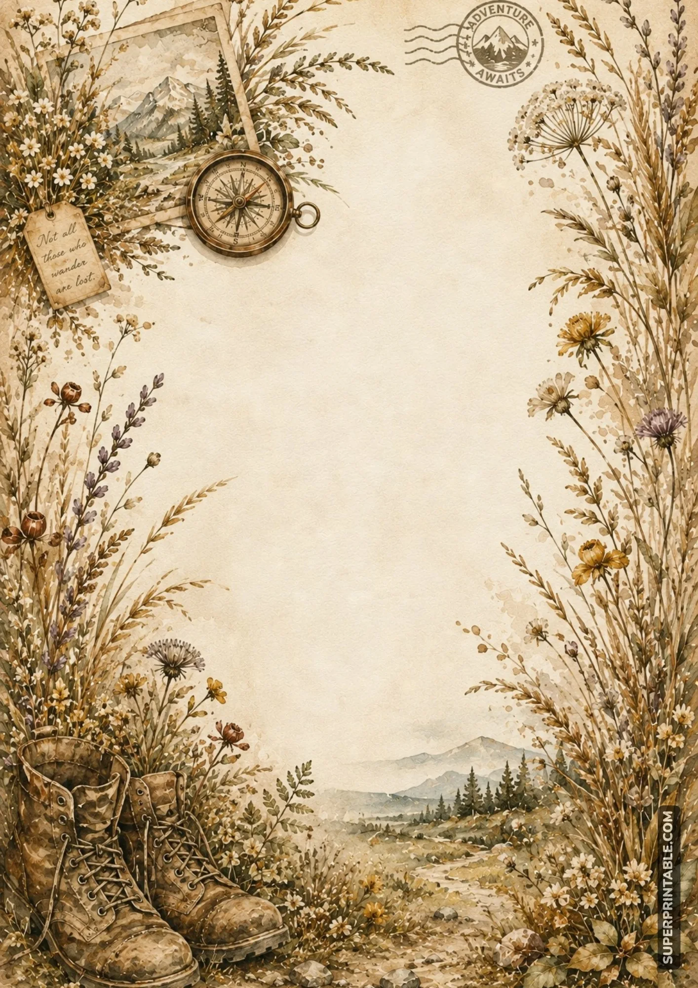 Mountain hiking writing page with boots, compass, flowers, and scenery