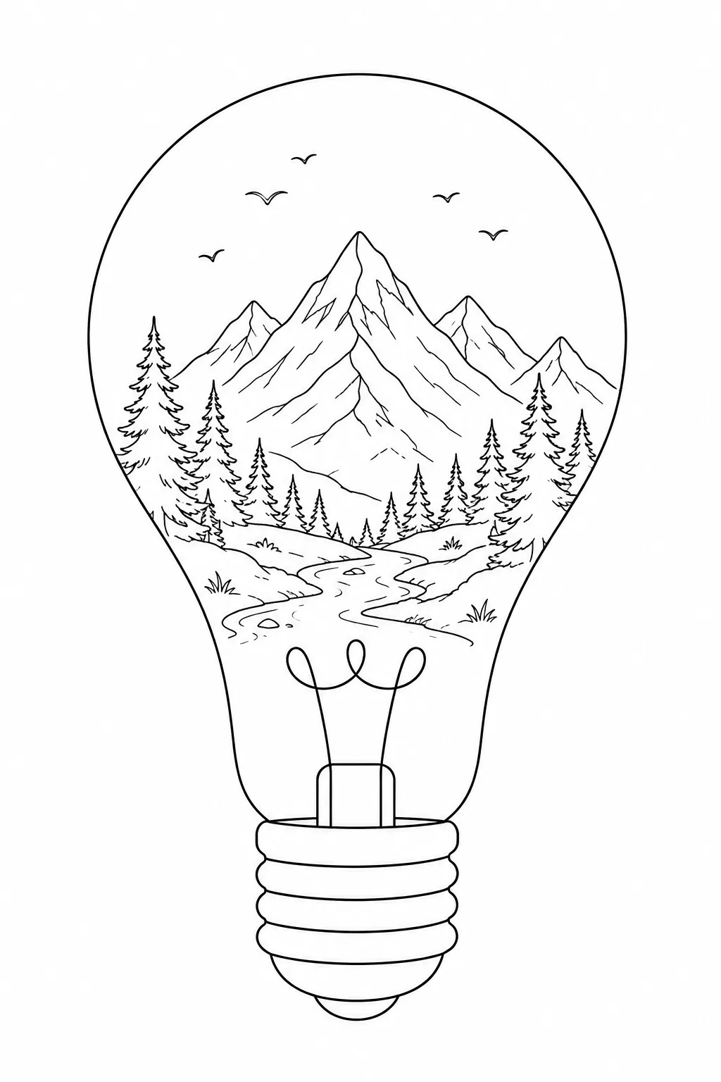 Serene mountain landscape with pine trees and a winding river contained inside a light bulb.