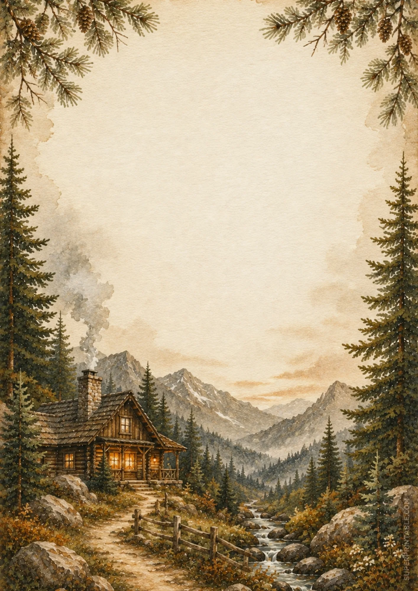Printable mountain wilderness washed border pages with cozy log cabin, stream, and wooden fence.