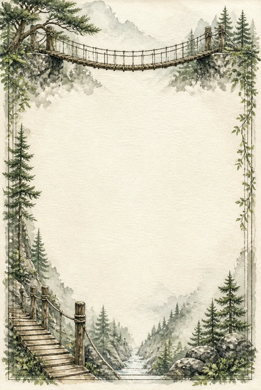 world bridges page border featuring a mountain rope suspension bridge in misty woods.