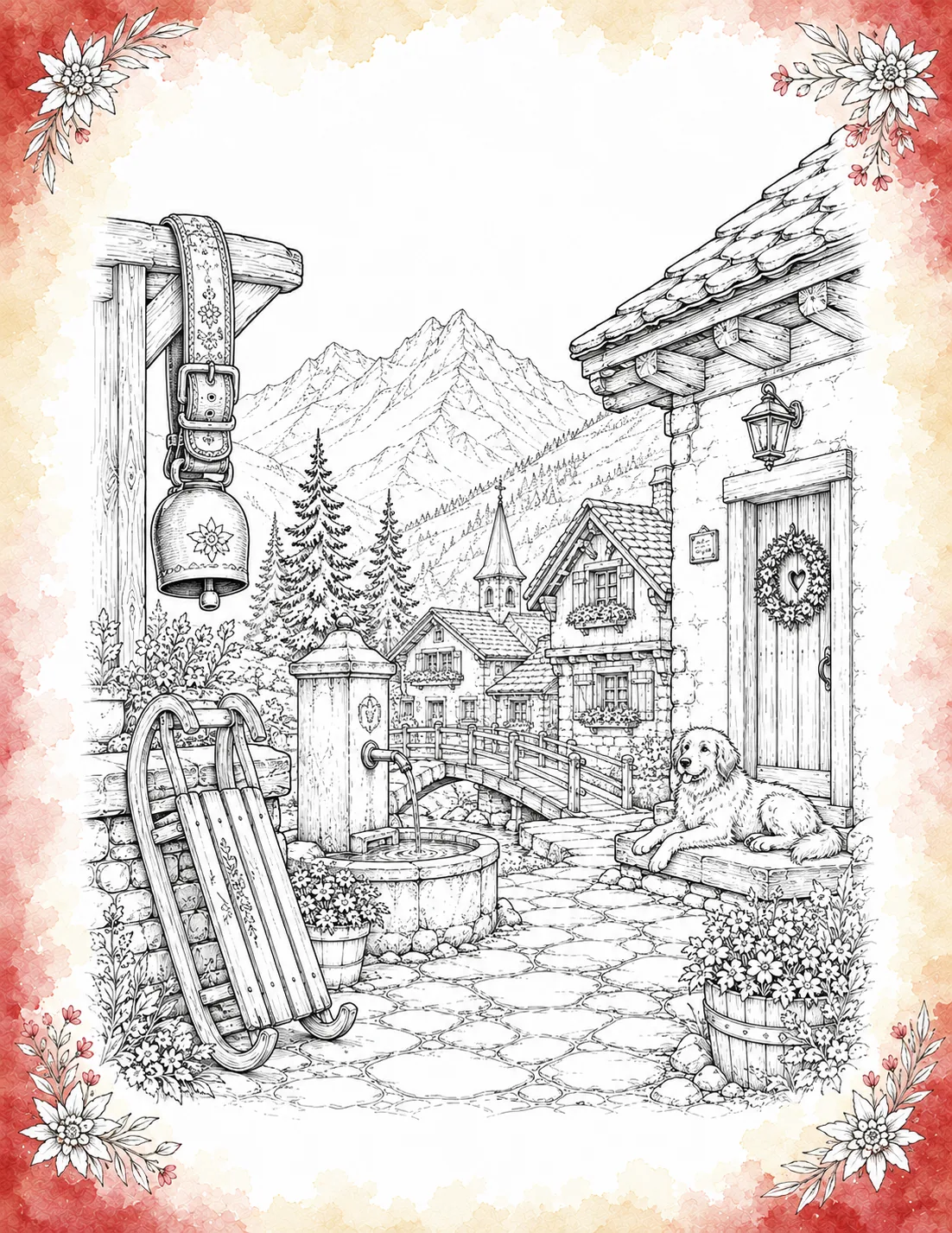 Alpine village coloring page showing a large dog lying on a cottage porch, a decorative cowbell, a stone water fountain, and distant mountain peaks inside a red border.