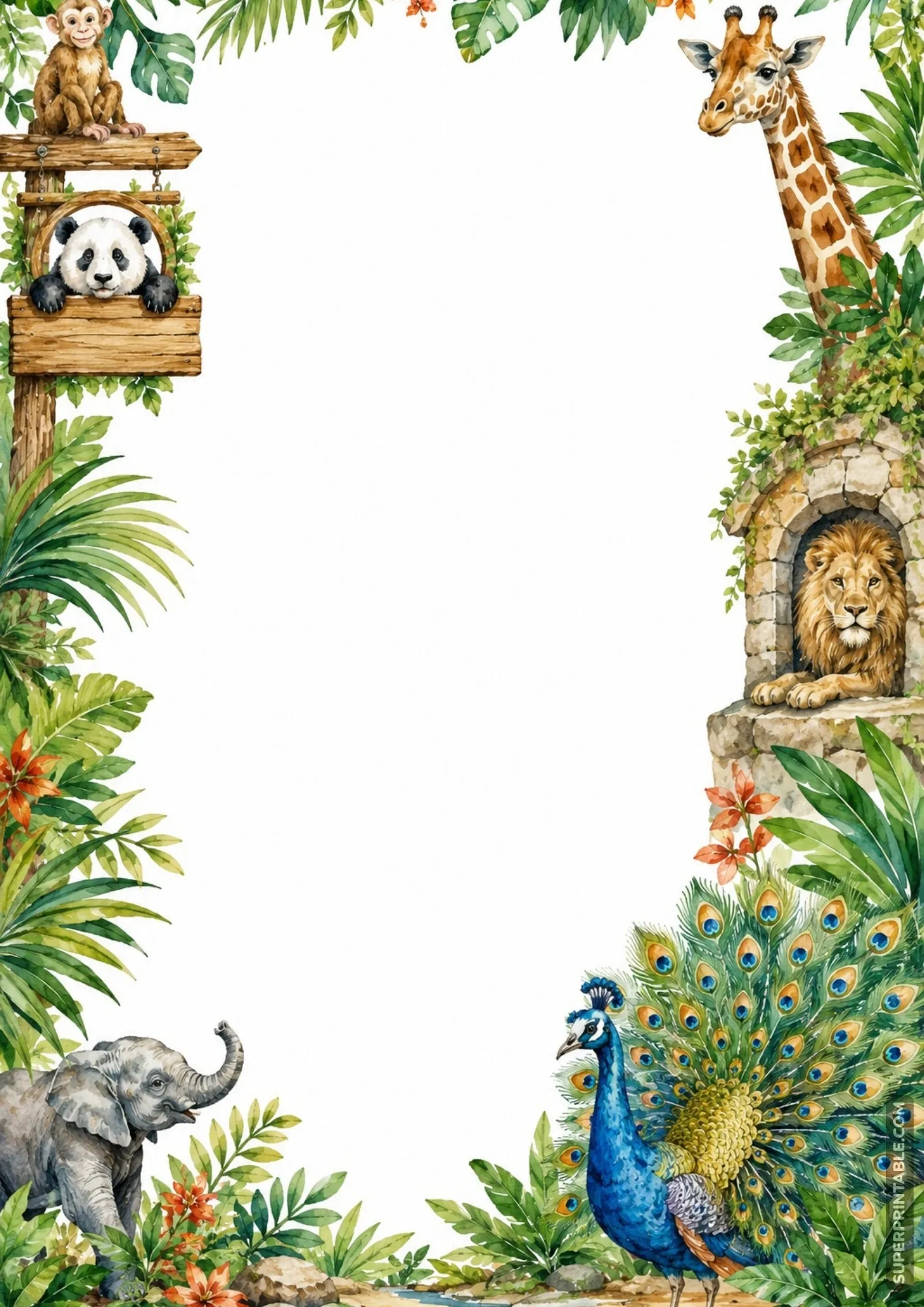Multi-animal zoo sanctuary page border showcasing a lion, elephant, giraffe, panda, peacock, and monkey.