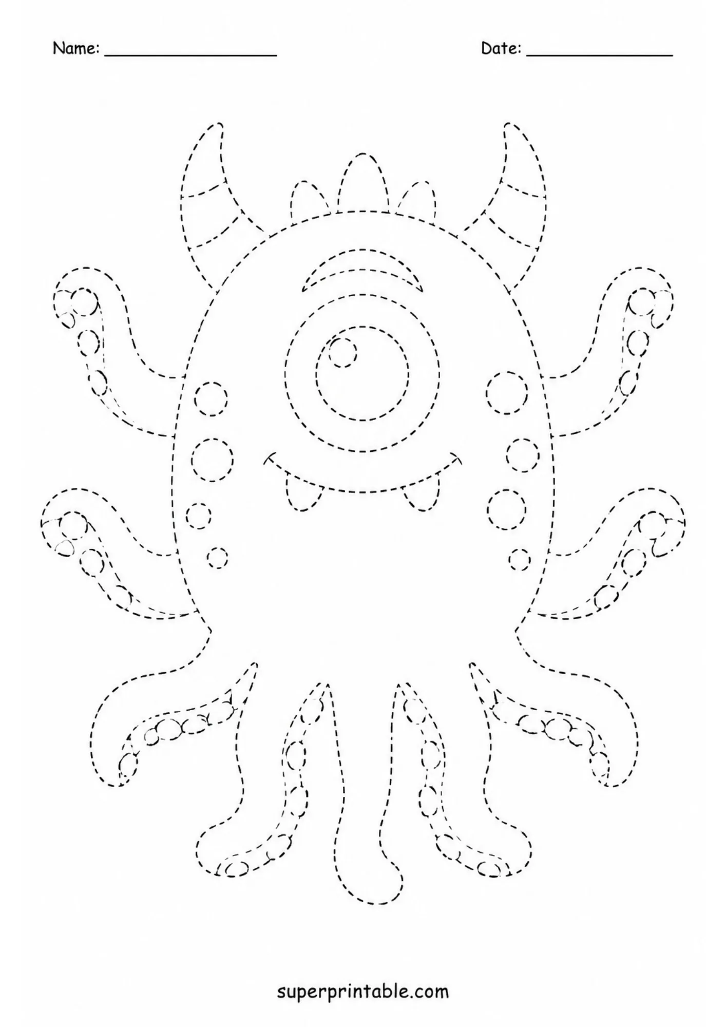 Dashed line practice sheet showcasing a friendly one-eyed alien monster with curved tentacles for preschoolers.